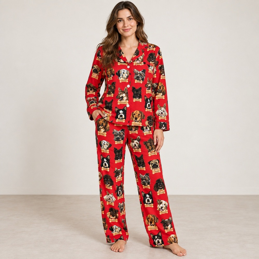Nick & Nora Pajama Set Red Milk-Bone Dog Breed Print Cotton Sleepwear Medium
